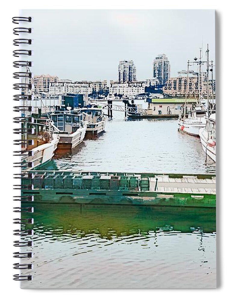 Vancouver Island Spiral Notebook featuring the digital art Fishermen Wharf Harbor Victoria BC Canada by Tatiana Travelways