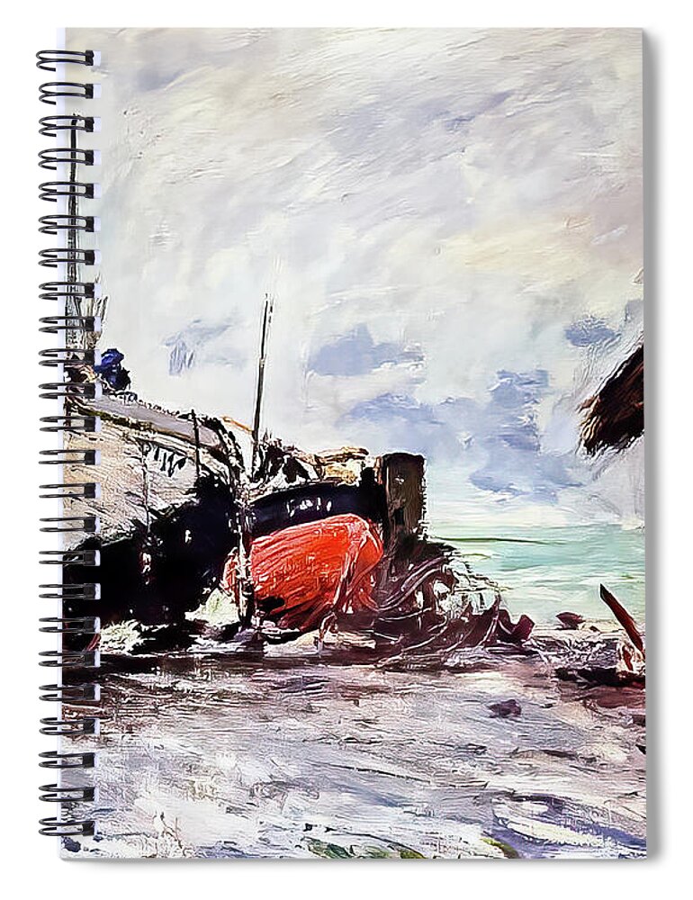 Fishing Spiral Notebook featuring the painting Fishing Boats at Etretat by Claude Monet 1873 by Claude Monet