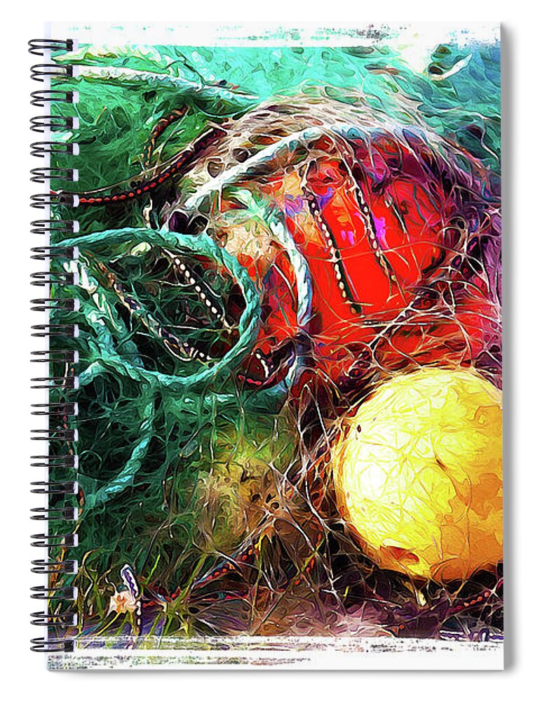 Fishing Net Spiral Notebook featuring the mixed media Fishing net and buoys NFL - Painting by Tatiana Travelways