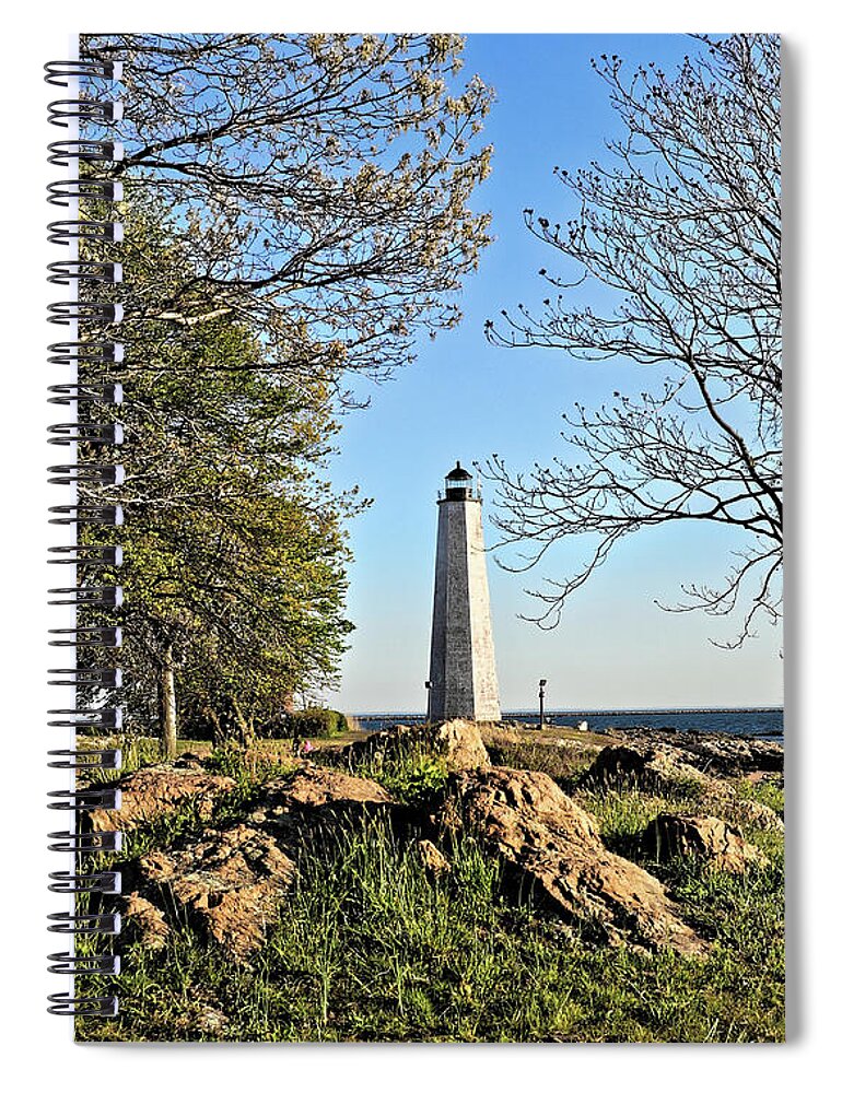 Five Mile Point Lighthouse Spiral Notebook featuring the photograph Five Mile Point Lighthouse framed by trees by Doolittle Photography and Art