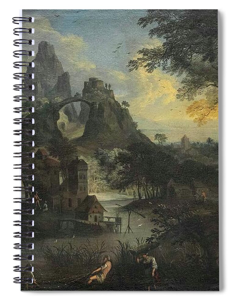 Belgian Spiral Notebook featuring the painting Flemish school entury Fantastic mountain landscape with a bridge buildings and various scenes of peo by MotionAge Designs