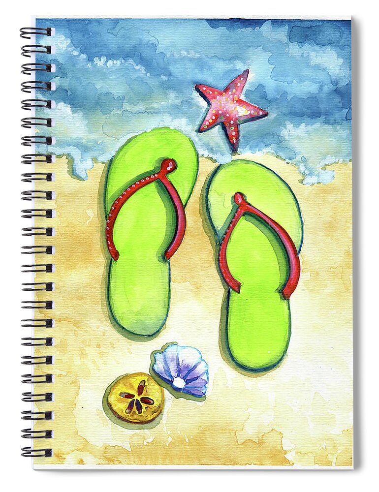 Walking On The Beach Spiral Notebook featuring the painting Flip Flops on the Beach by Michele Fritz