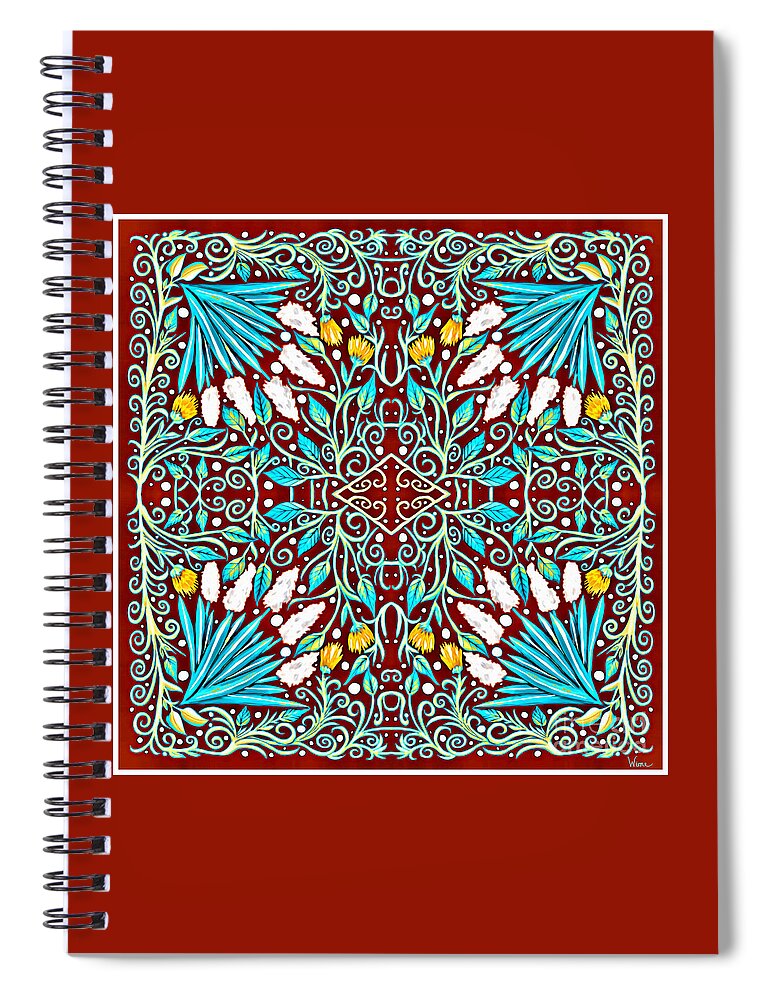 Turquoise Leaves Spiral Notebook featuring the mixed media Floral Design in Turquoise, Yellow and Red by Lise Winne