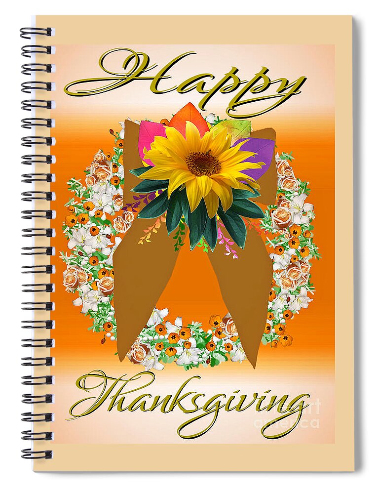 Happy Spiral Notebook featuring the digital art Floral Wreath Happy Thanksgiving Card by Delynn Addams