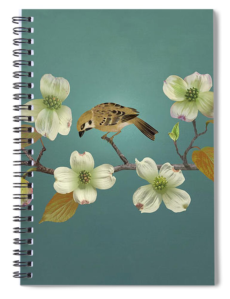 Dogwood Spiral Notebook featuring the digital art Florida Dogwood and Sparrow by M Spadecaller