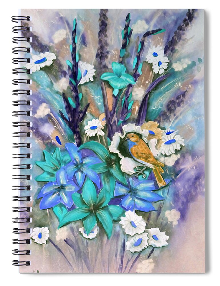 Flowers Spiral Notebook featuring the mixed media Flower Bouquet n' Bird by Kelly Mills