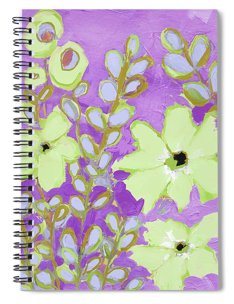 Flowers And Foliage Spiral Notebook featuring the painting Flowers and Foliage Abstract Flowers Green and Purple by Patricia Awapara