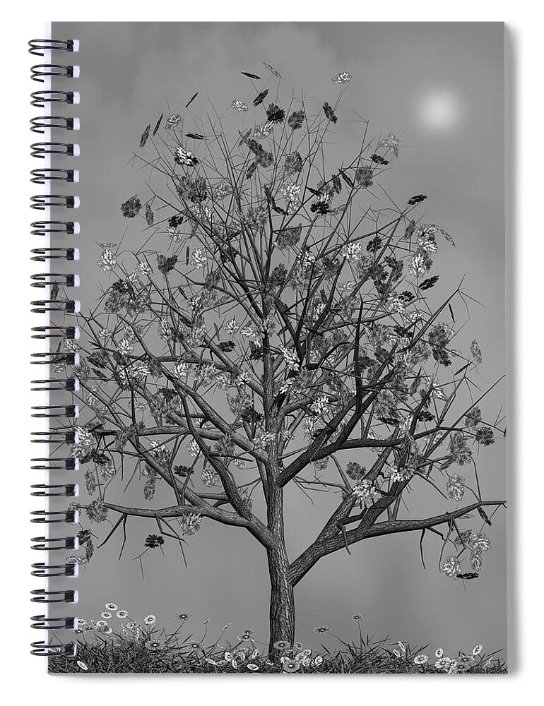 Autumn Spiral Notebook featuring the mixed media Flowers Beneath The Autumn Tree Black and White by David Dehner