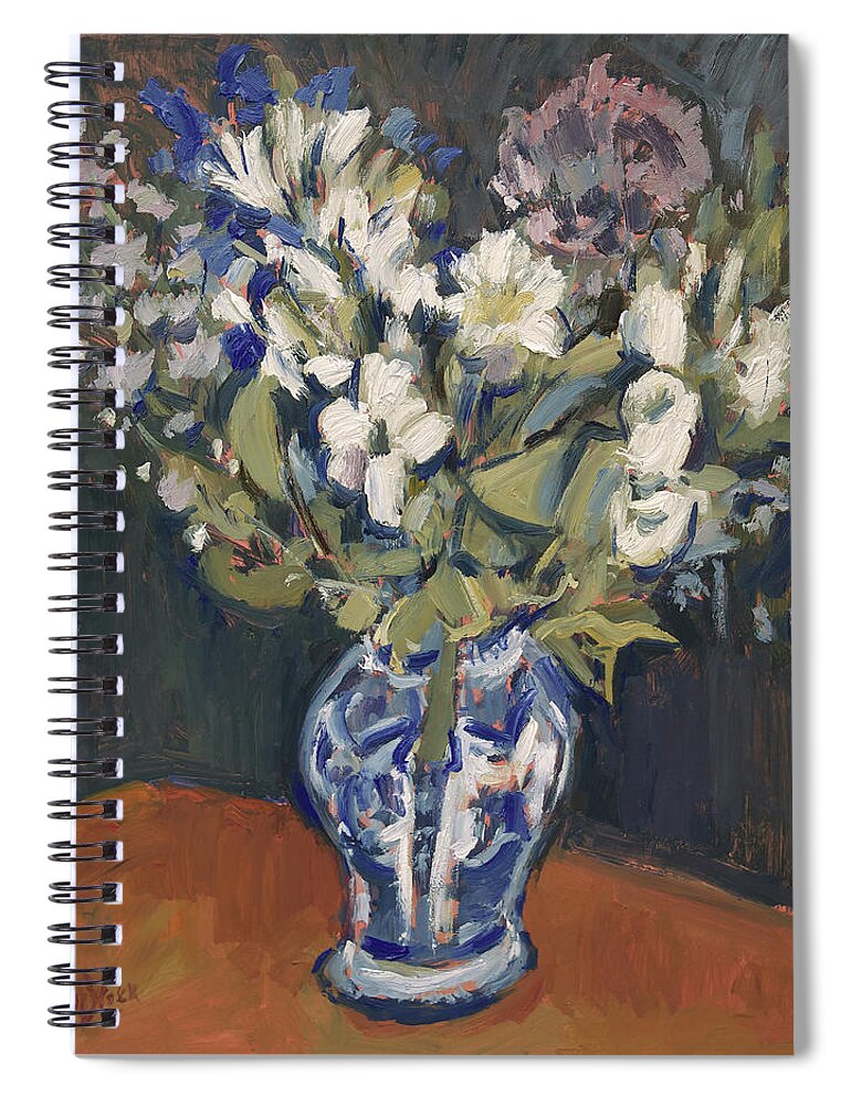Delfts Blauw Spiral Notebook featuring the painting Flowers in white and blue in Delft blue vase by Nop Briex