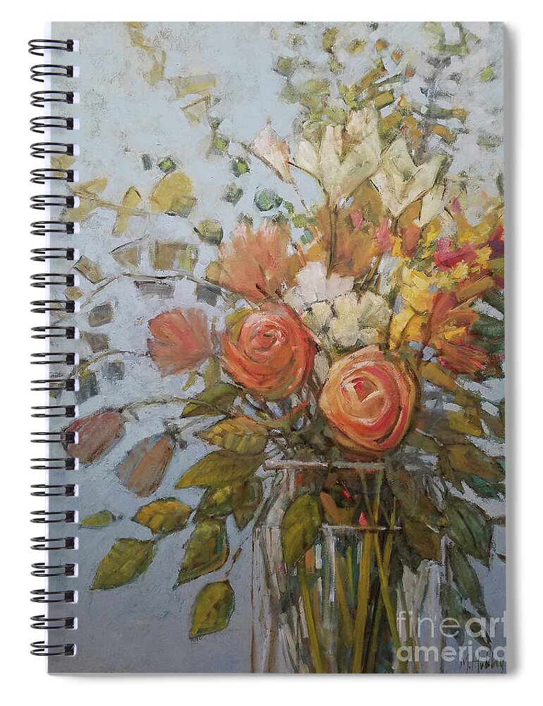 Flower Spiral Notebook featuring the painting Flowers on Blue by Mary Hubley