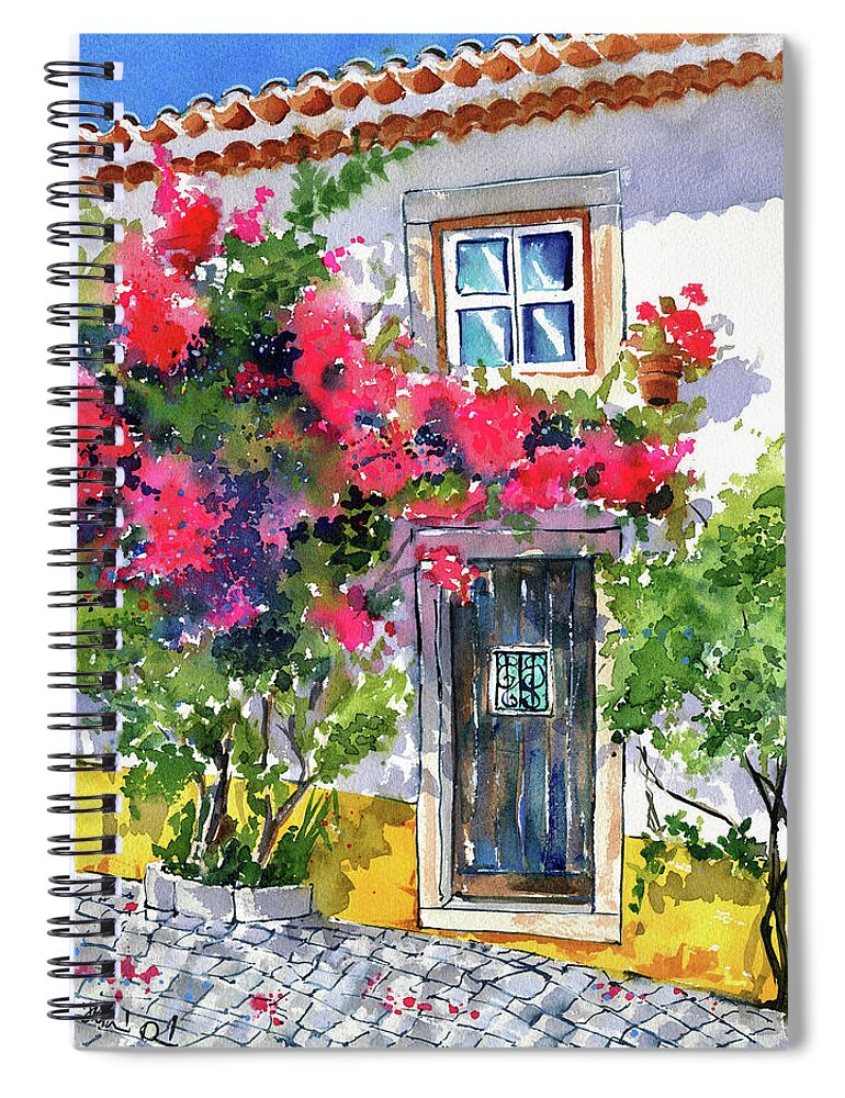 Portugal Spiral Notebook featuring the painting Flowery Entrance in Obidos Portugal by Dora Hathazi Mendes