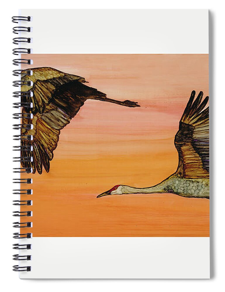 Sandhill Spiral Notebook featuring the painting Flying at Dawn by Jan Killian