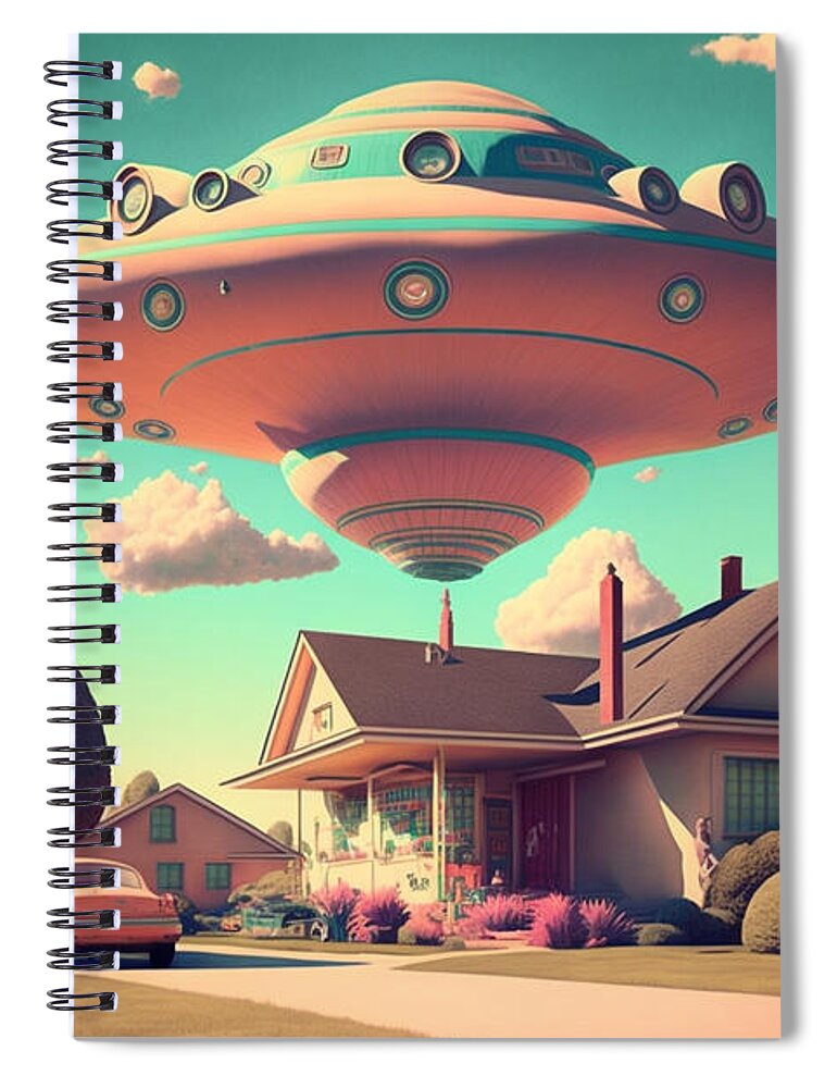 Flying Spiral Notebook featuring the mixed media Flying Saucer Frenzy I by Jay Schankman