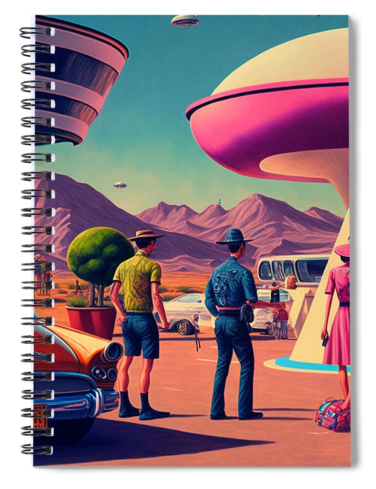 Flying Spiral Notebook featuring the mixed media Flying Saucer Frenzy IX by Jay Schankman