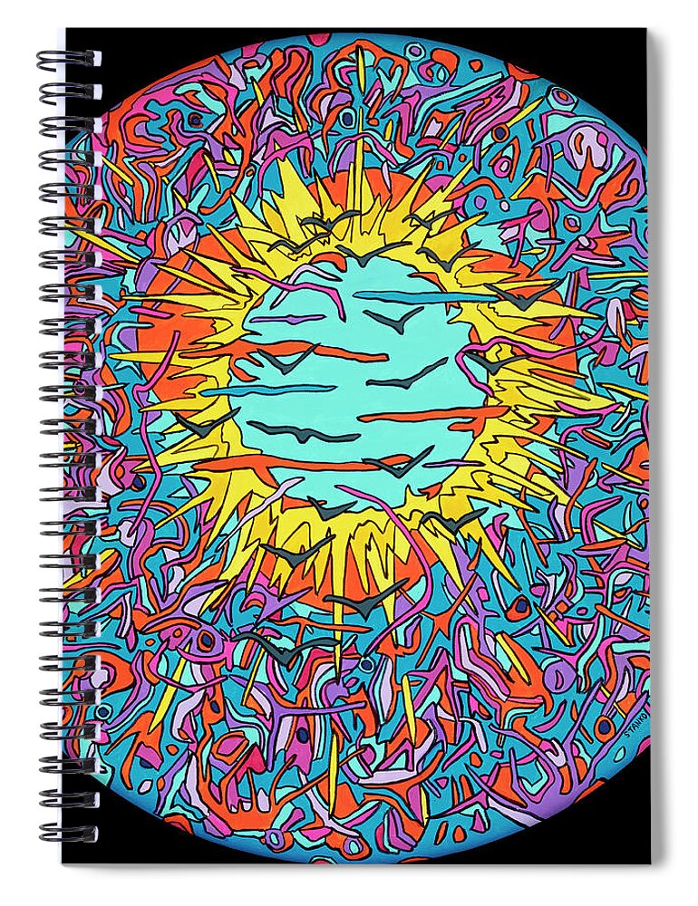 Flying Psychedelic Pop Art Colorful Sun Spiral Notebook featuring the painting Flying through the Sun by Mike Stanko