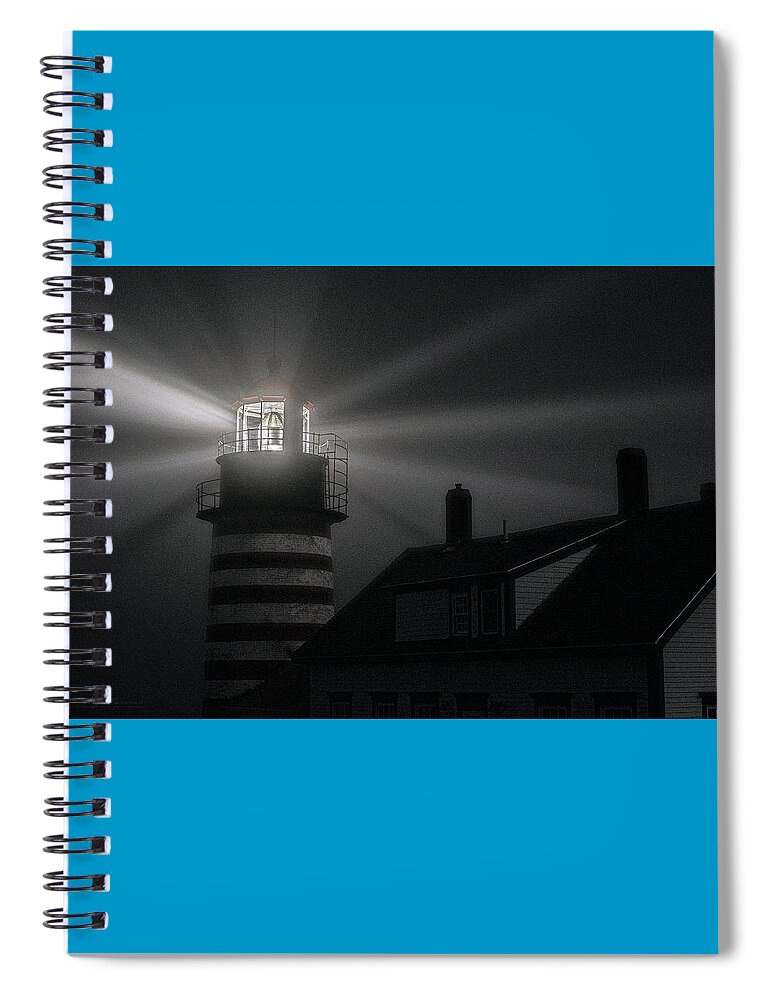 West Quoddy Head Light Spiral Notebook featuring the photograph Fog and Moonlight At West Quoddy Head Lighthouse by Marty Saccone