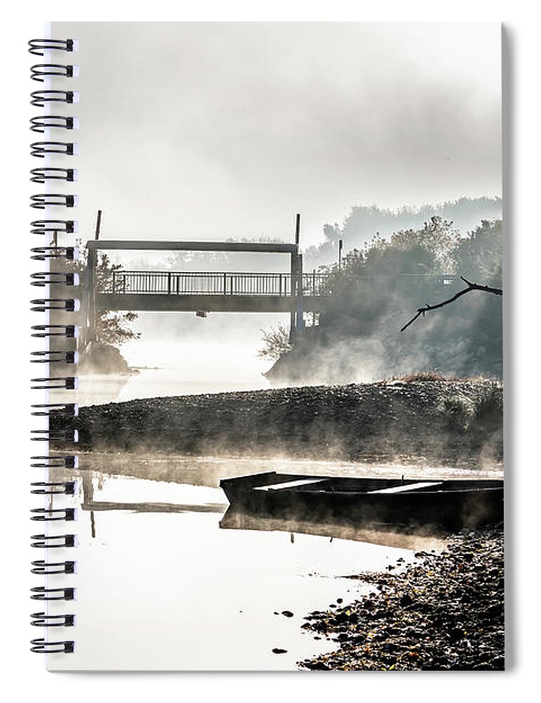 Anchor Spiral Notebook featuring the photograph Foggy Landscape With Boats On River Bank And Bridge In River Danube National Park In Austria by Andreas Berthold