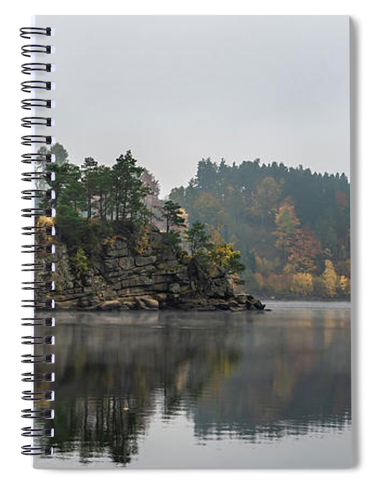 Austria Spiral Notebook featuring the photograph Foggy Landscape With Fishermans Boat On Calm Lake And Autumnal Forest At Lake Ottenstein In Austria by Andreas Berthold