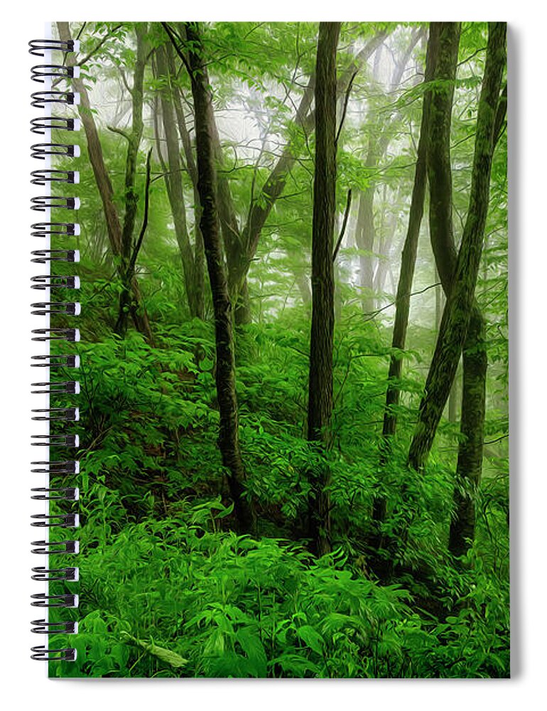 Blue Ridge; Blue Ridge Parkway; Parkway; Trees; Forest; Fog; Foggy; North Carolina; Nc; Western Nc; Mist Spiral Notebook featuring the painting Foggy Morning in the Blue Ridges by Shelia Hunt