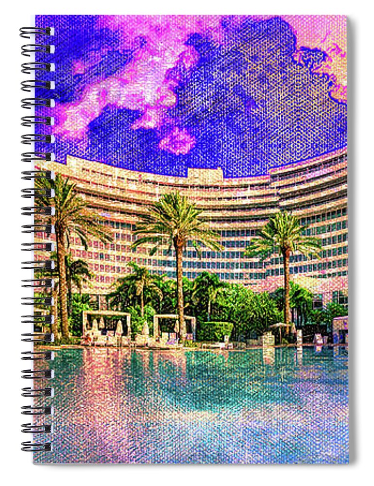 Fontainebleau Miami Beach Spiral Notebook featuring the digital art Fontainebleau Miami Beach seen from the swimming pool at sunset - digital painting by Nicko Prints