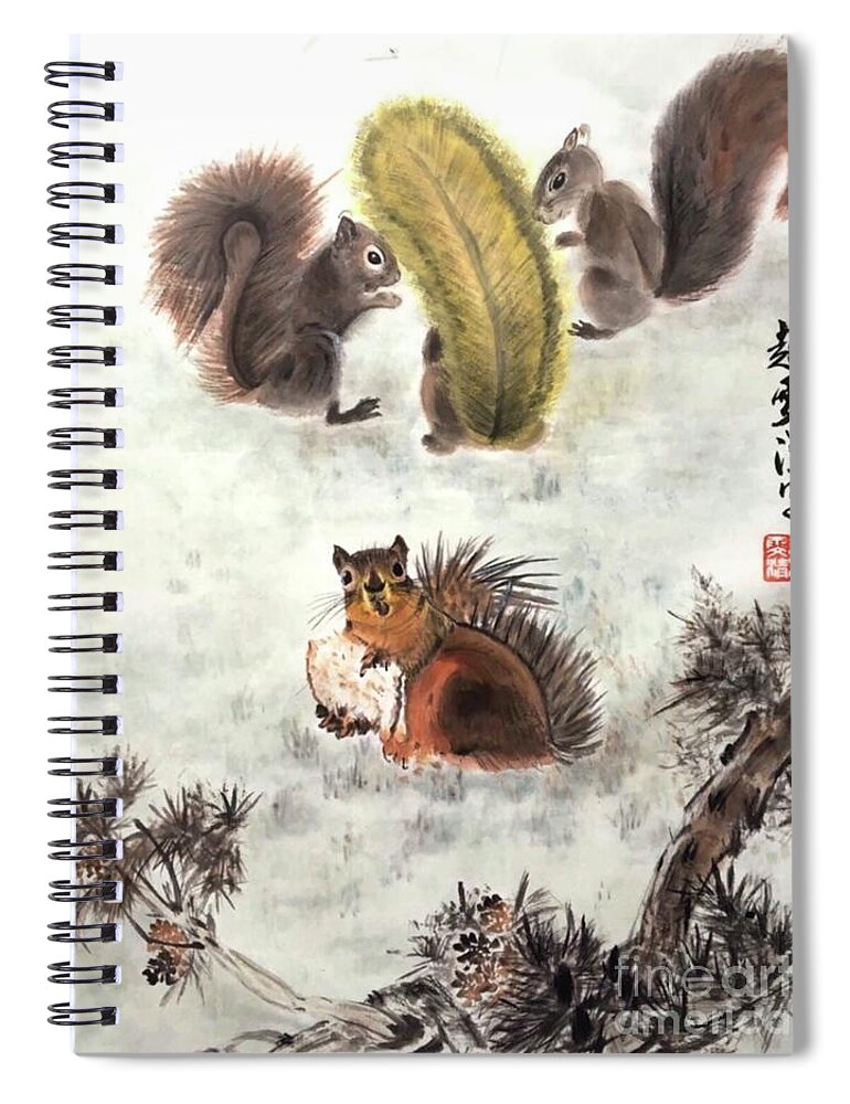 Squirrels Spiral Notebook featuring the painting Four Squirrels In The Neighborhood by Carmen Lam