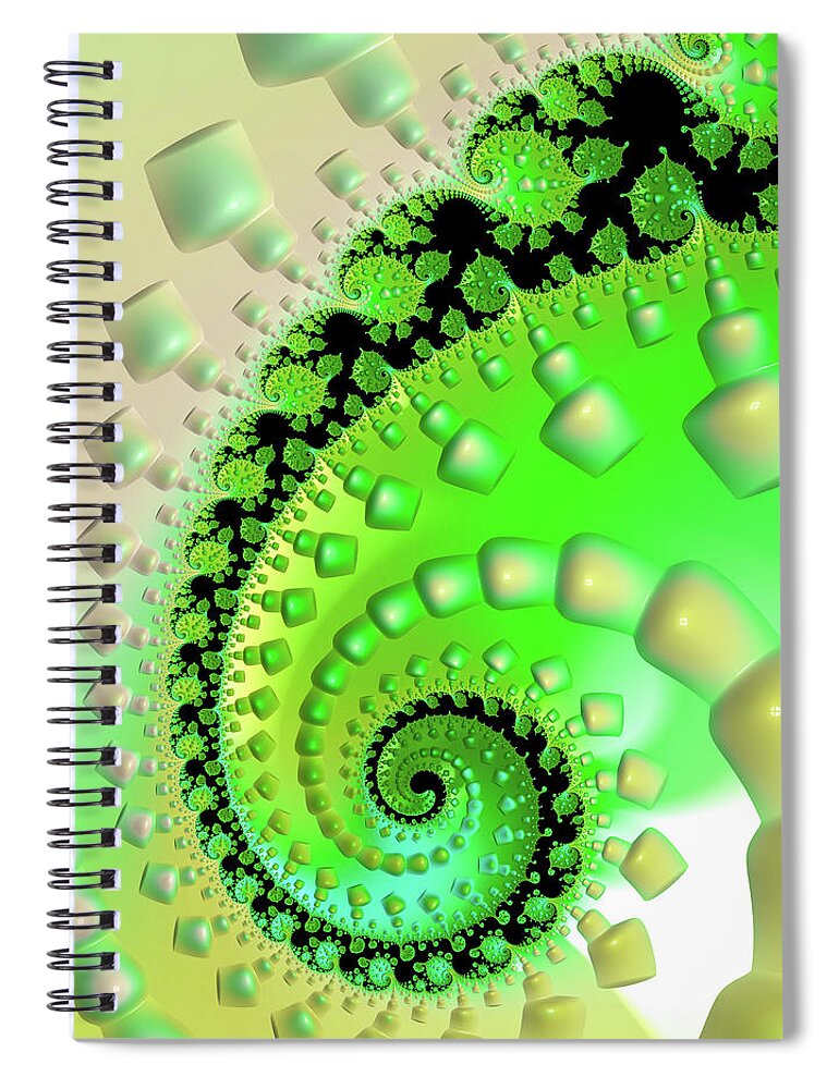 Fractal Spiral Notebook featuring the digital art Fractal Art Spiral Green Yellow Black by Matthias Hauser