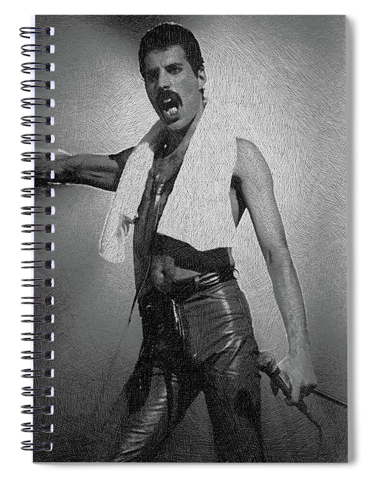 Freddie Mercury Spiral Notebook featuring the painting Freddie Mercury Queen 2 by Tony Rubino