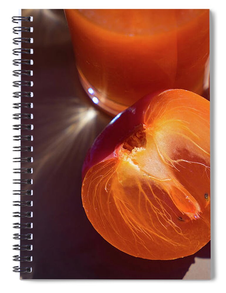 Minimalist Spiral Notebook featuring the photograph Fresh ripe persimmon and fruit drink in the sun by Adriana Mueller