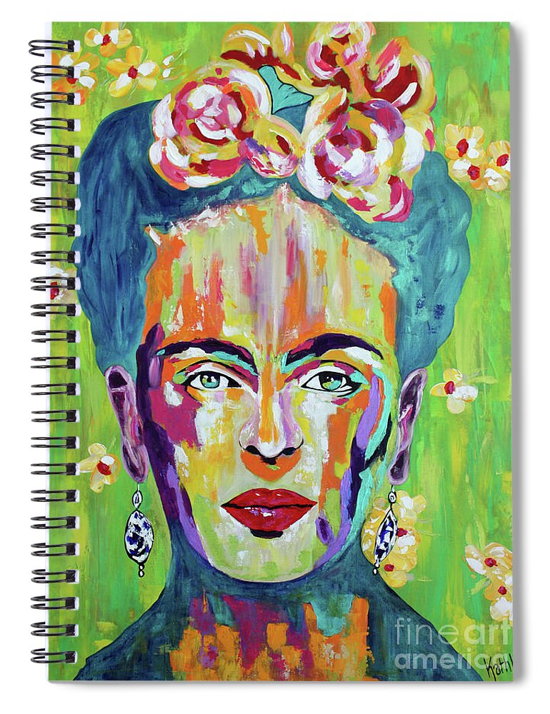 Frida Spiral Notebook featuring the painting Frida KAHLO Flowers Painting by Kathleen Artist PRO
