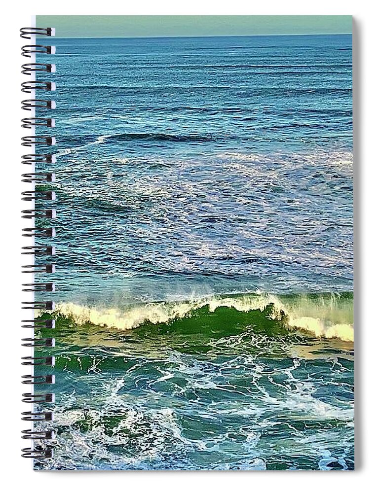 Frothy Spiral Notebook featuring the photograph Frothy Waves with Morning Glow by Michael Oceanofwisdom Bidwell