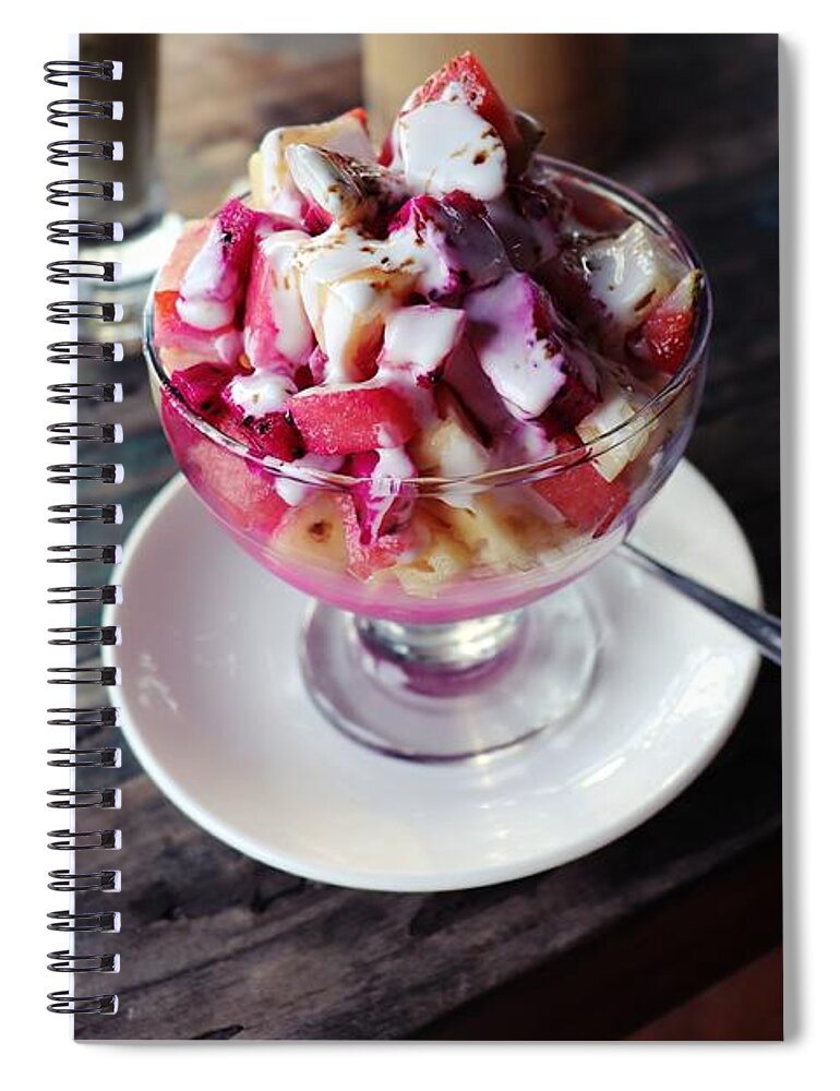 Fruit Spiral Notebook featuring the digital art Fruity dessert with white cream by Worldvibes1