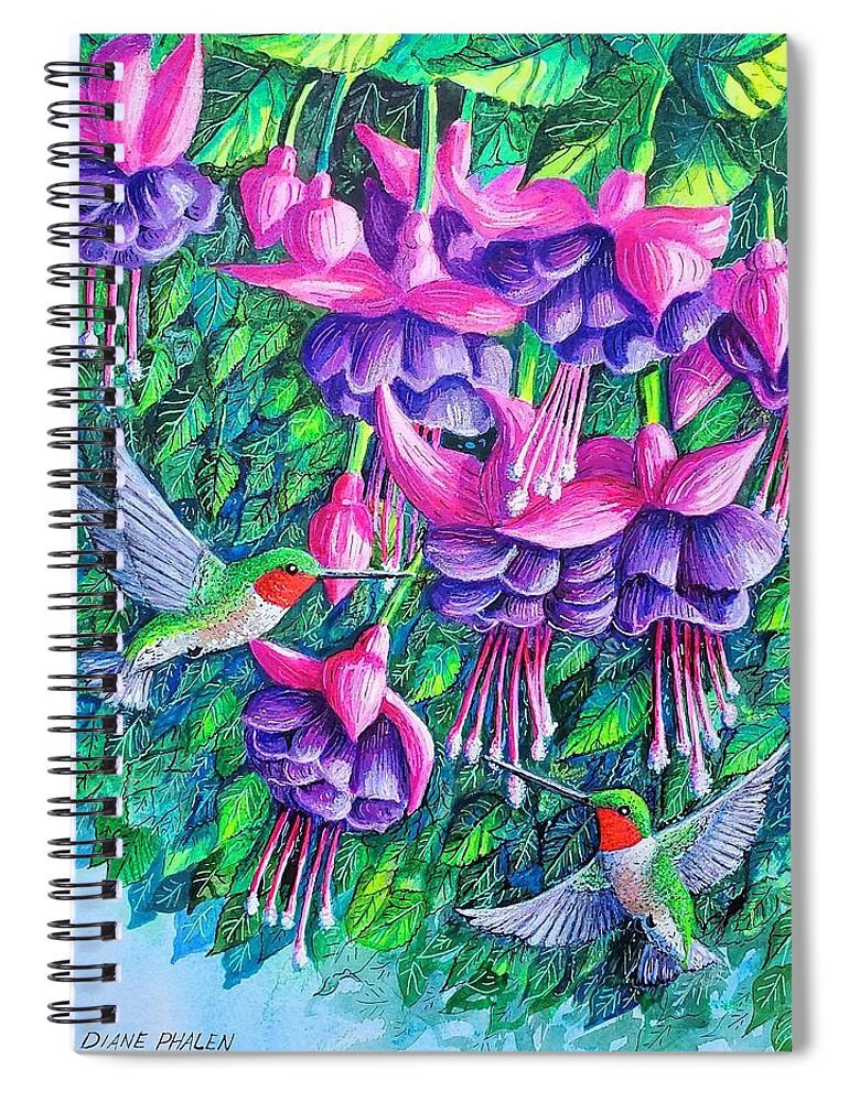 Fuchsia. Hummingbirds Spiral Notebook featuring the painting Fuchsia Frolic by Diane Phalen