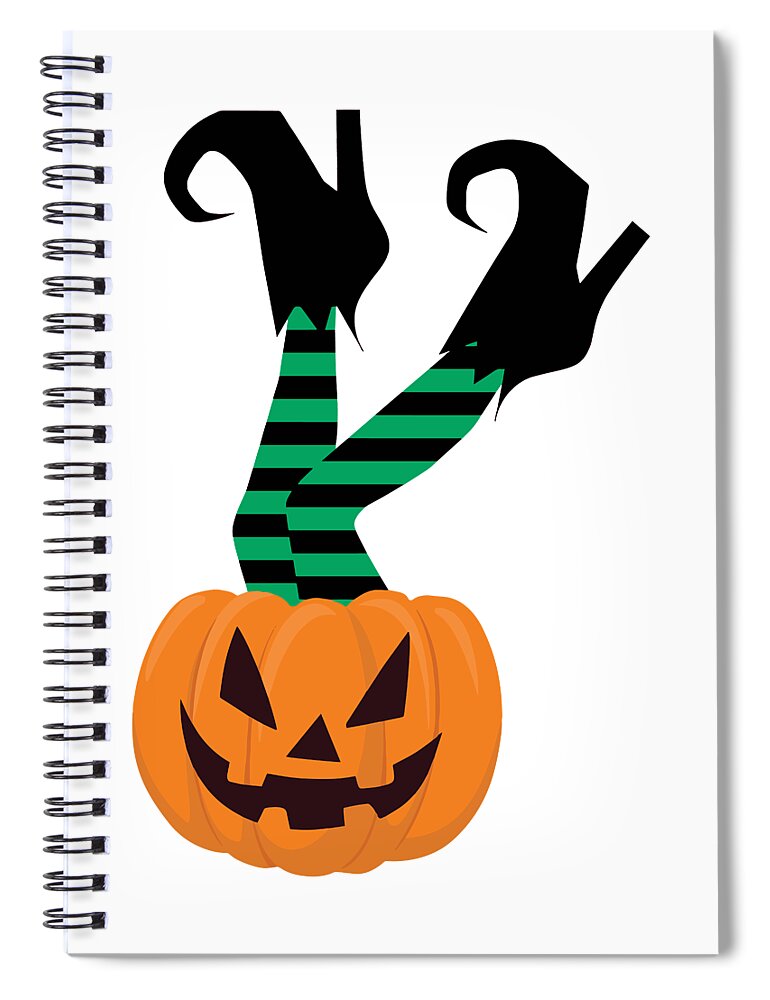 Halloween Spiral Notebook featuring the drawing Funny Halloween Witch Legs Pumpkin Card, Pumpkin by Mounir Khalfouf