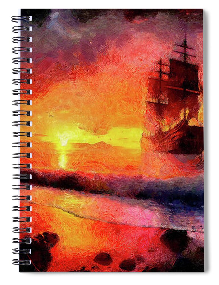 Galley And The Sunset Spiral Notebook featuring the digital art Galley and the Sunset by Caito Junqueira