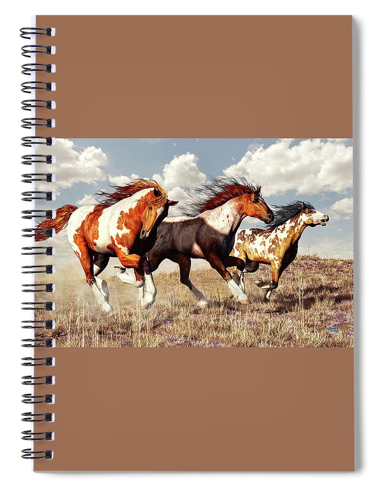 Gallop Spiral Notebook featuring the digital art Galloping Mustangs by Daniel Eskridge