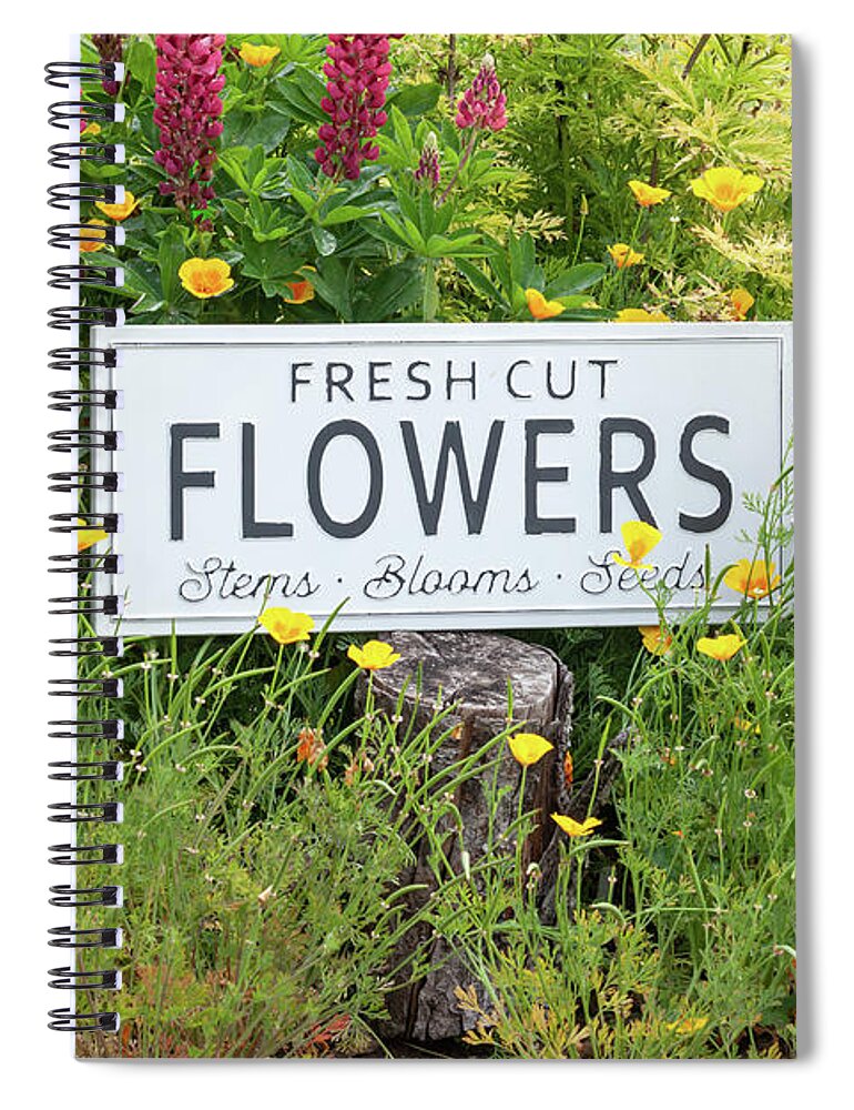 Flowers Spiral Notebook featuring the photograph Garden flowers with fresh cut flower sign 0769 by Simon Bratt