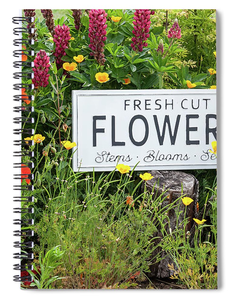 Arrangement Spiral Notebook featuring the photograph Garden flowers with fresh cut flower sign 0771 by Simon Bratt