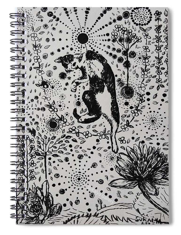 Cat Spiral Notebook featuring the drawing Gatchee is dancing in the friendly price garden by Sukalya Chearanantana