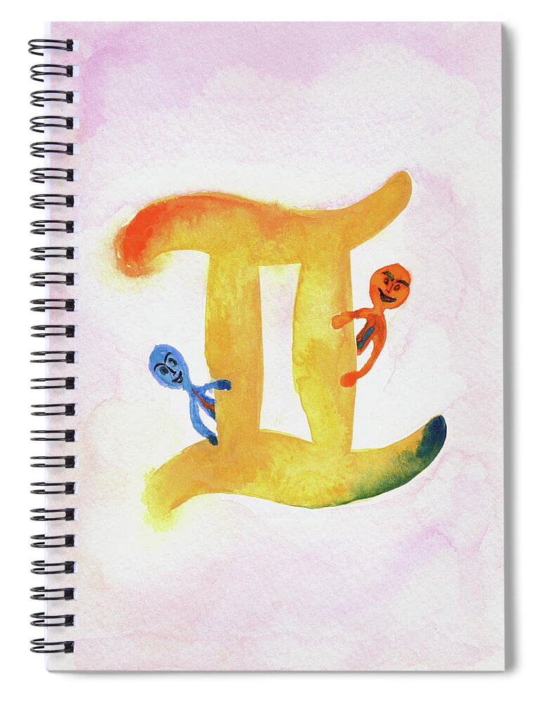 Yellow Orange Gemini Twins Spiral Notebook featuring the painting Gemini Zodiac Sign Twins Symbol by Anne Nordhaus-Bike