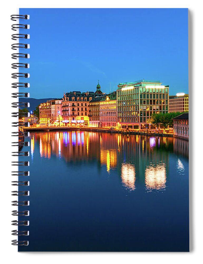 Geneva Spiral Notebook featuring the photograph Geneva skyline Switzerland by night by Benny Marty