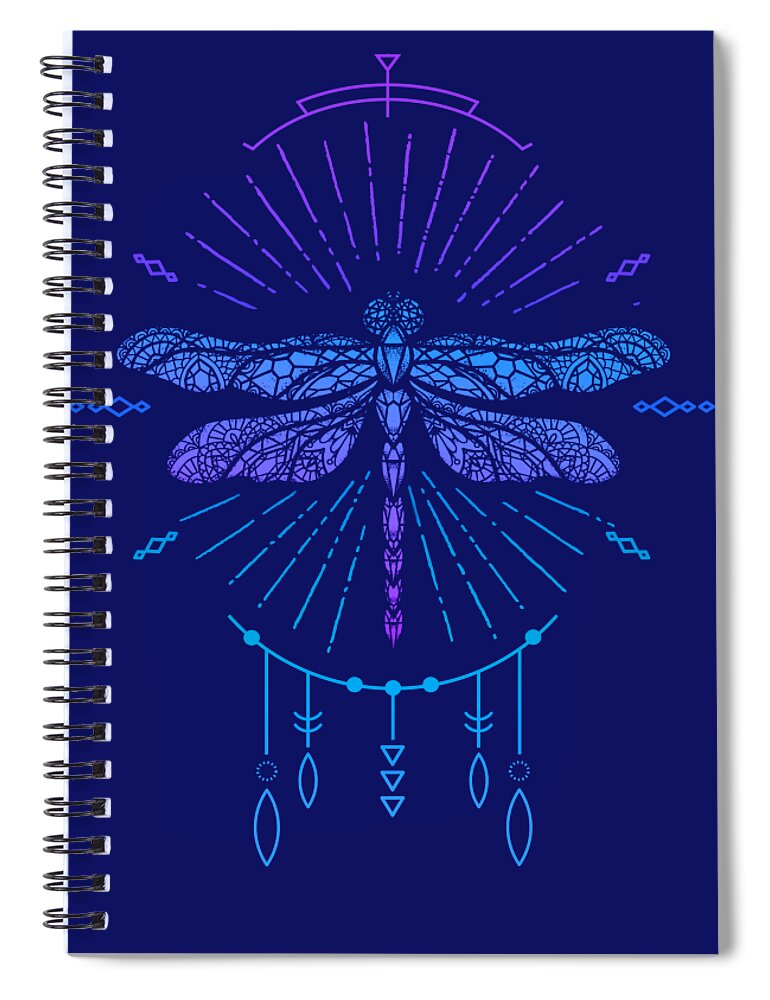 Dragonfly Spiral Notebook featuring the digital art Geometric Blue Boho Dragonfly by Laura Ostrowski