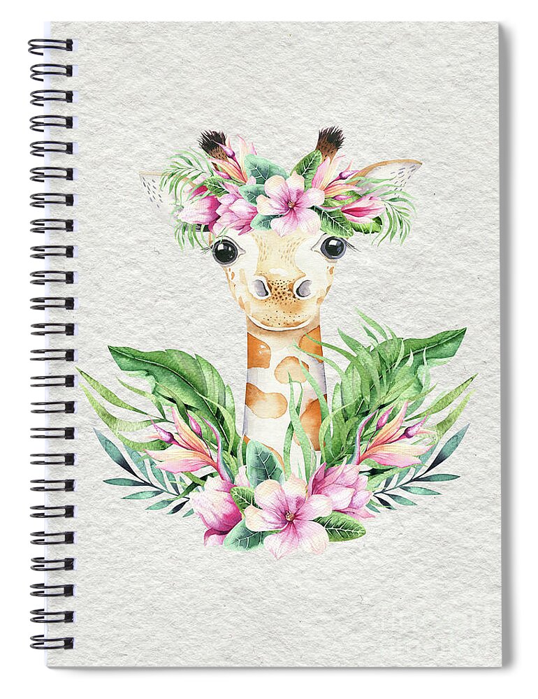 Giraffe Spiral Notebook featuring the painting Giraffe With Flowers by Nursery Art