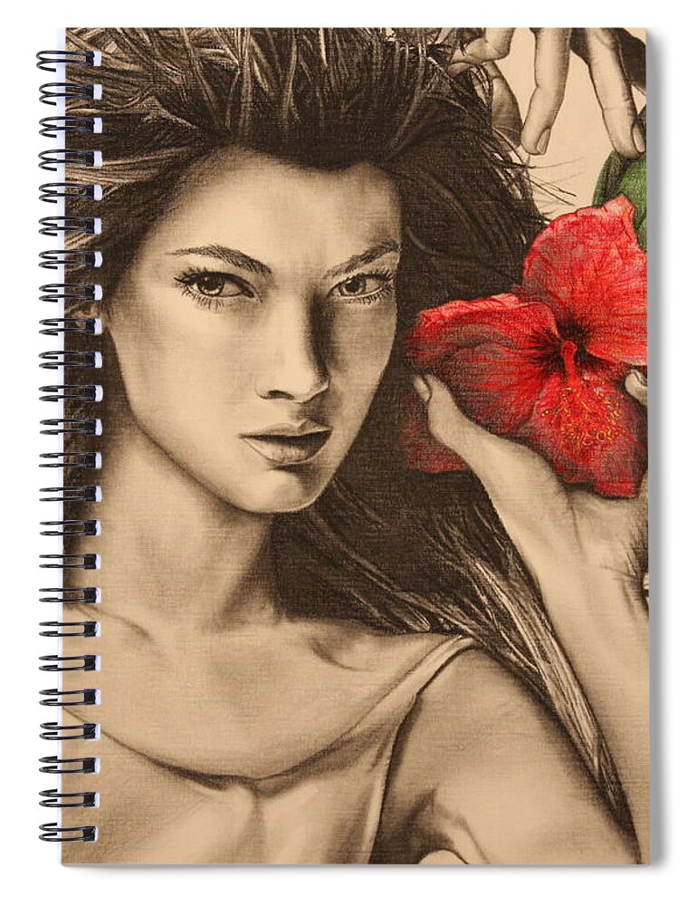 Girl Spiral Notebook featuring the drawing Girl and Hibiscus by Michelle Miron-Rebbe