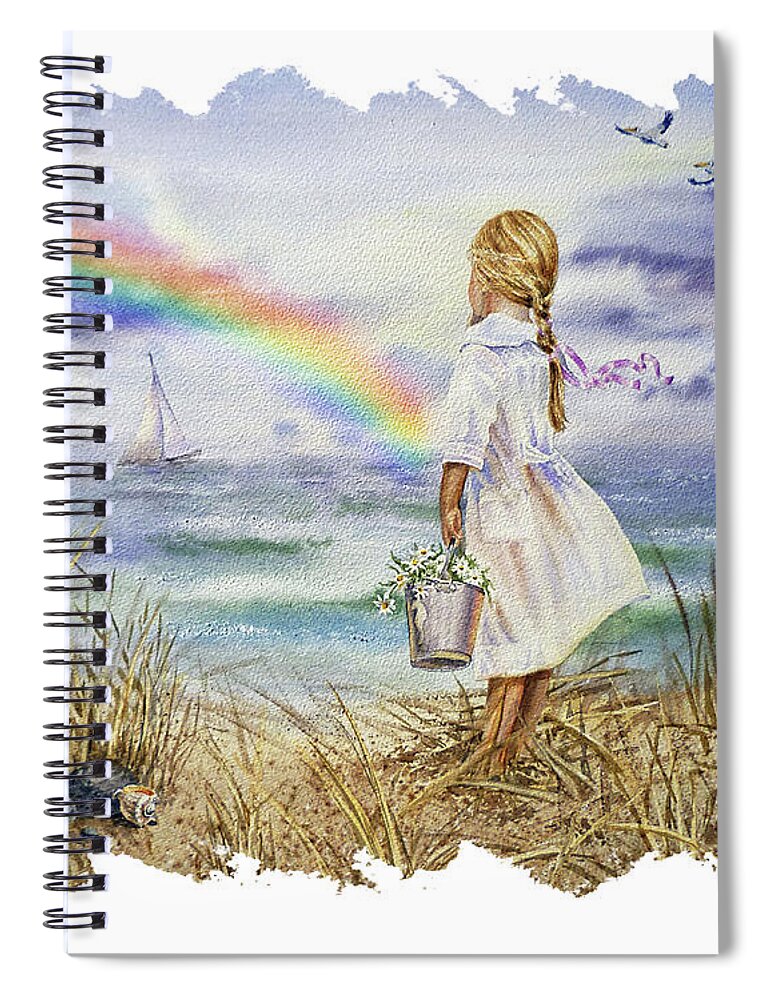 Girl And Ocean Spiral Notebook featuring the painting Girl At The Ocean Shore Watching The Rainbow And Boat Watercolor Seascape by Irina Sztukowski