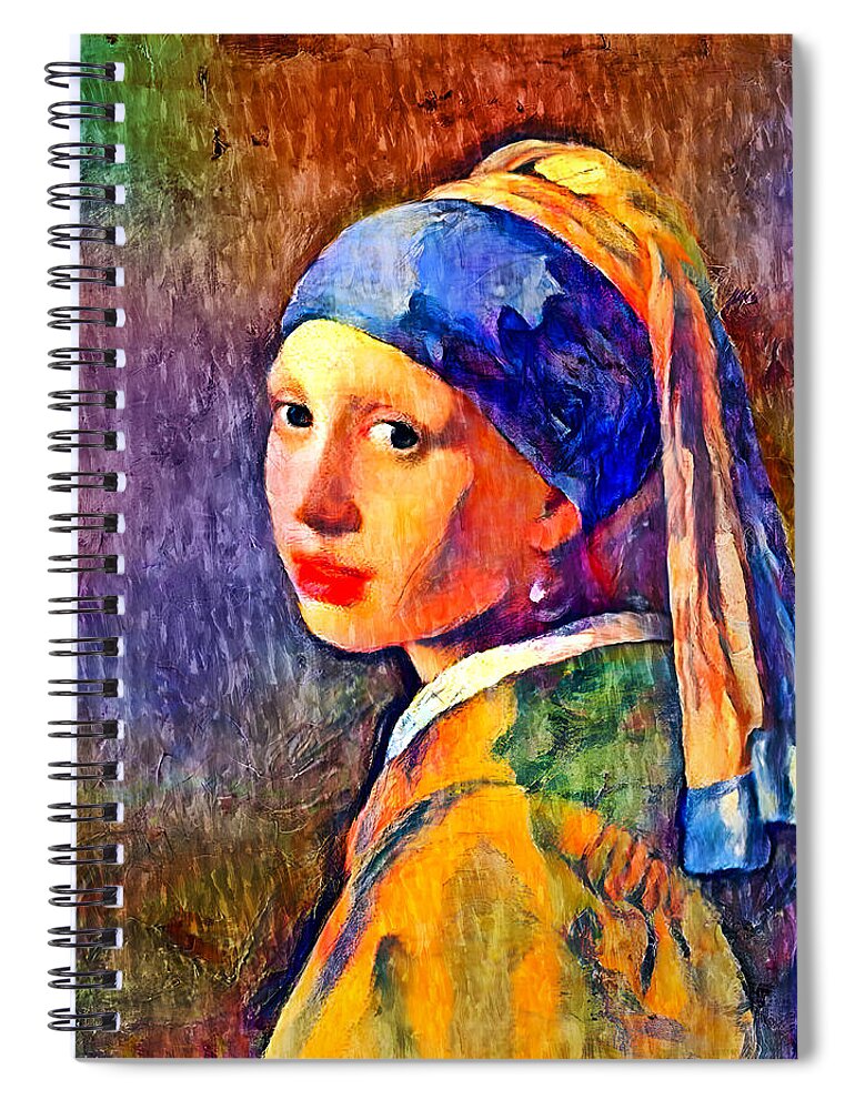 Girl With A Pearl Earring Spiral Notebook featuring the digital art Girl with a Pearl Earring by Johannes Vermeer - colorful digital recreation by Nicko Prints