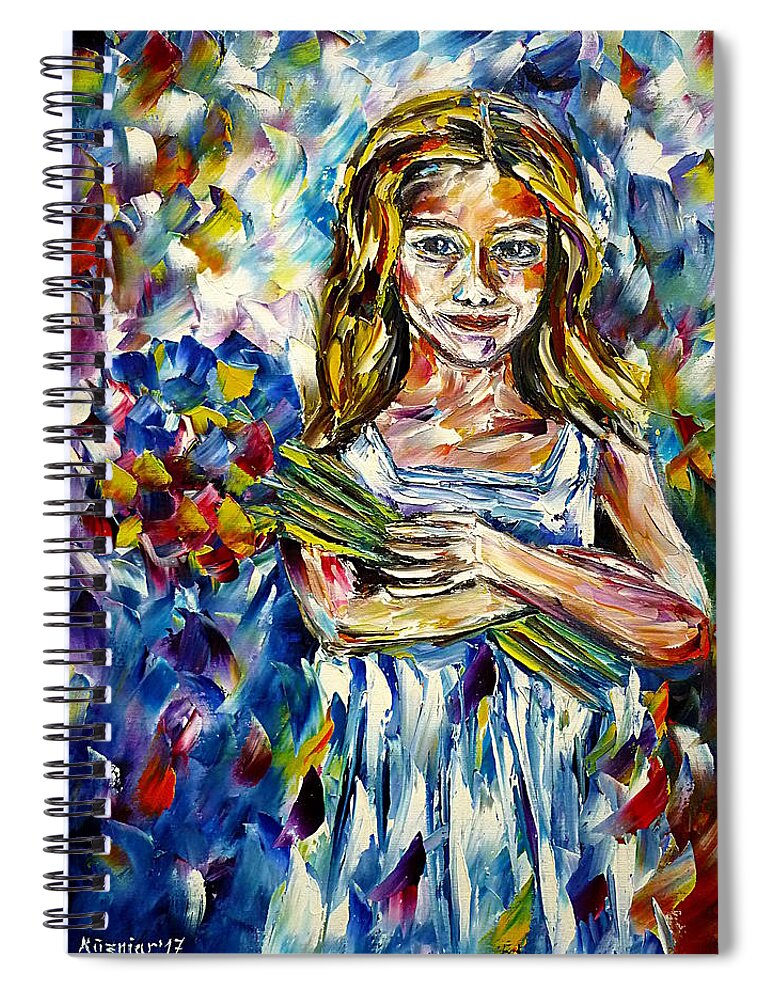 Young Girl Spiral Notebook featuring the painting Girl With Flowers by Mirek Kuzniar