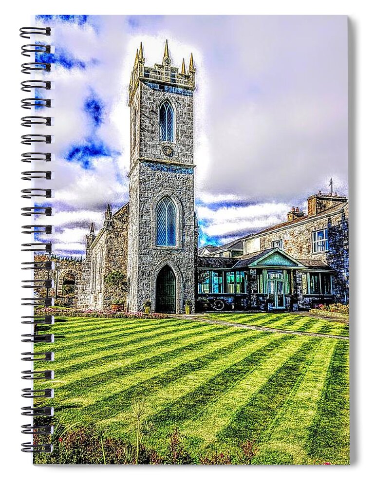 Glenlo Abbey Galway Ireland Spiral Notebook featuring the painting paintings of Glenlo Abbey Church Galway Ireland by Mary Cahalan Lee - aka PIXI