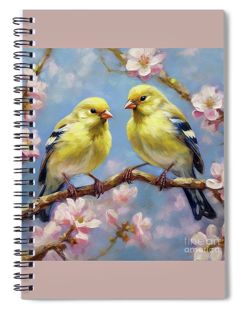 Goldfinch Birds Spiral Notebook featuring the painting Glorious Goldfinches by Tina LeCour
