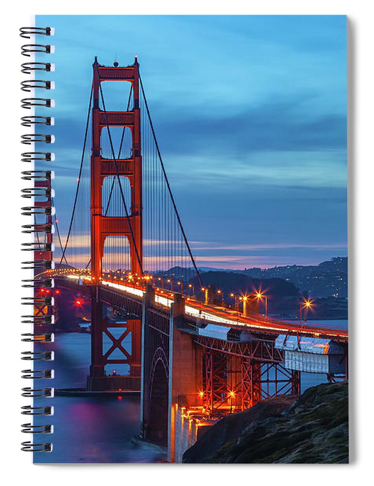 Shoreline Spiral Notebook featuring the photograph Golden Gate At Nightfall by Jonathan Nguyen