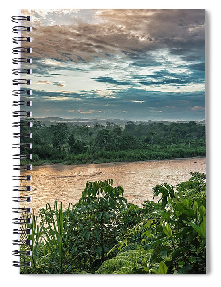 Ahuano Spiral Notebook featuring the photograph Golden hour on the Napo river by Henri Leduc